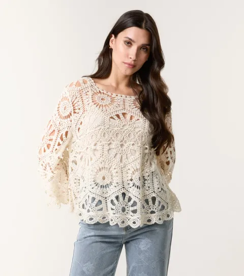 Women's Stone Crochet Knit Flare Sleeve Top