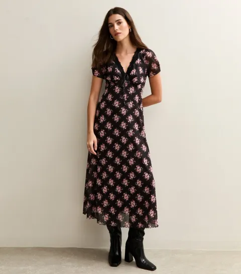 Women's Black Floral Print Lace Trimmed Mesh Midi Dress