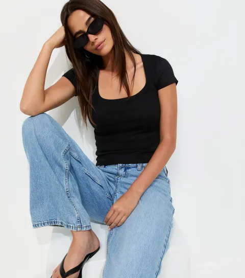 New Look Women's Black Square Neck Top