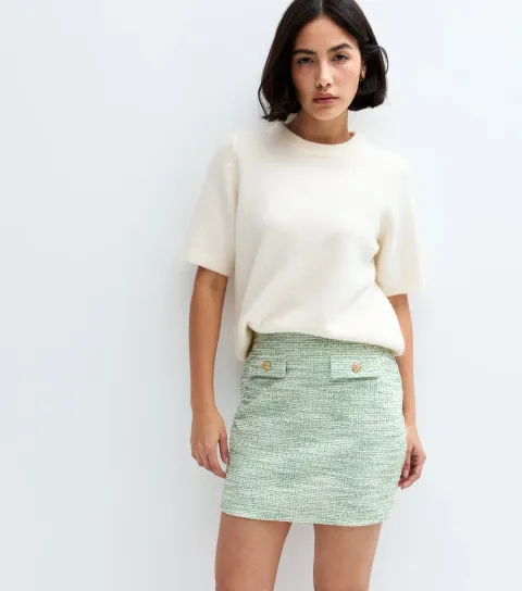 New Look Women's Green Metallic Boucle Mini Skirt