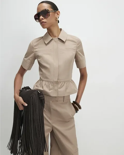River Island Cotton Blend Utility Peplum Shirt