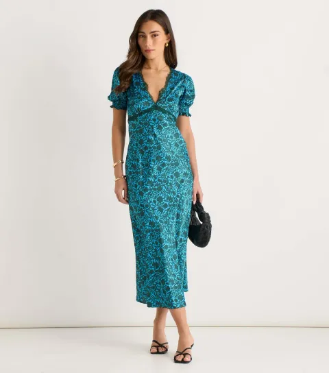 Women's Green Lace Trim Floral V Neck Midi Dress