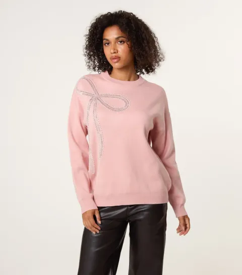 Women's Pink Bow Embellished Knitted Jumper