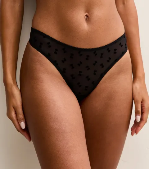Women's Black Bow Flock Mesh Thong