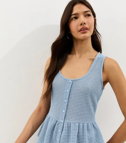 Women's Blue Textured Knit Button Up Peplum Top