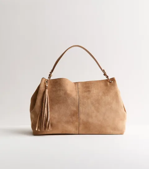 Camel Faux Suede Slouchy Tassel Hobo Bag