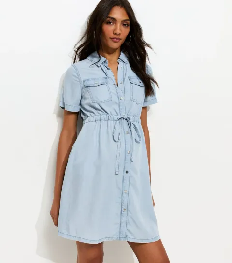 Women's Maternity Light Blue Chambray Shirt Dress
