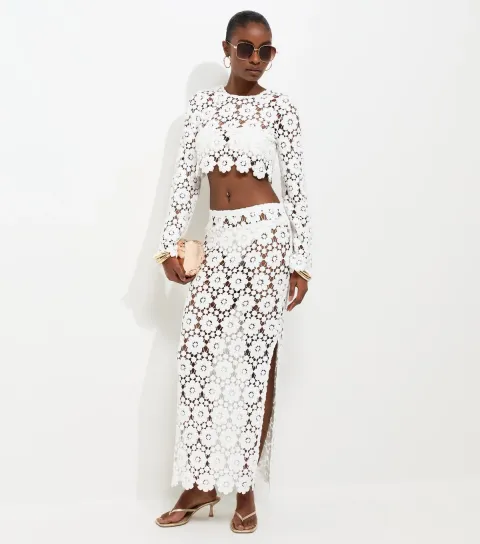 Women's Premium White Floral Crochet Look Skirt