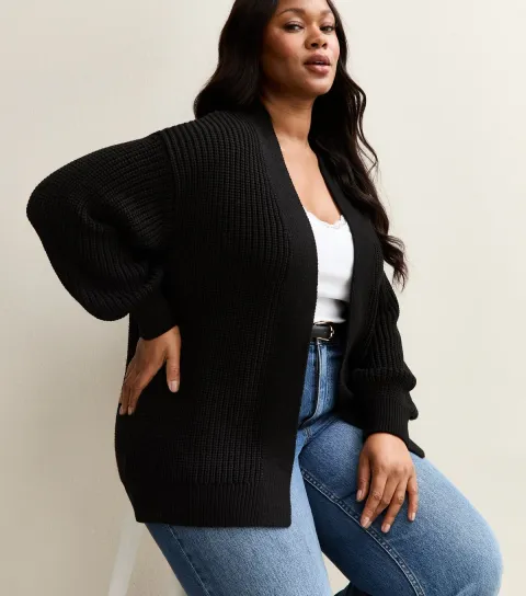 Women's Plus Size Black Ribbed Knit Balloon Sleeve Cardigan Curves