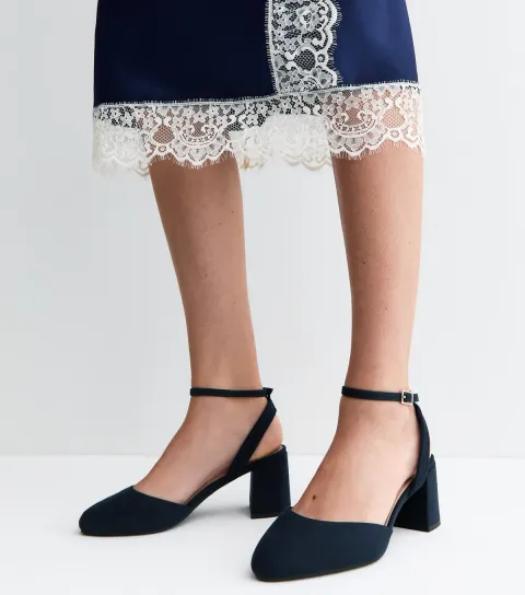 Women's Wide Fit Navy Faux Suede Block Heel Sandals Vegan
