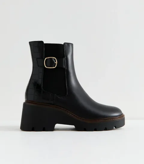 Women's Black Faux Leather Wedge Chelsea Boots Vegan