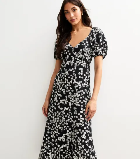 Women's Black Floral Print Puff Sleeve Tiered Midi Dress