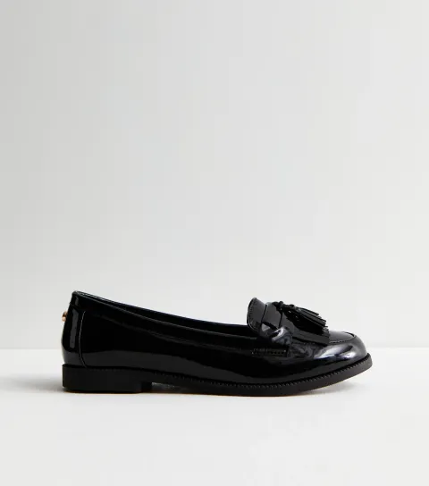 Women's Black Patent Faux Leather Tassel Trim Loafers Vegan