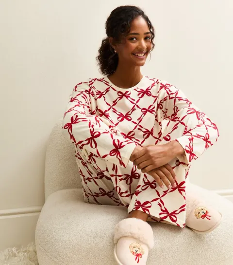 New Look Women's White Bow Print Pyjama Set