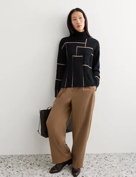 Jaeger Pure Merino Wool Geometric Funnel Neck Jumper Camel Mix