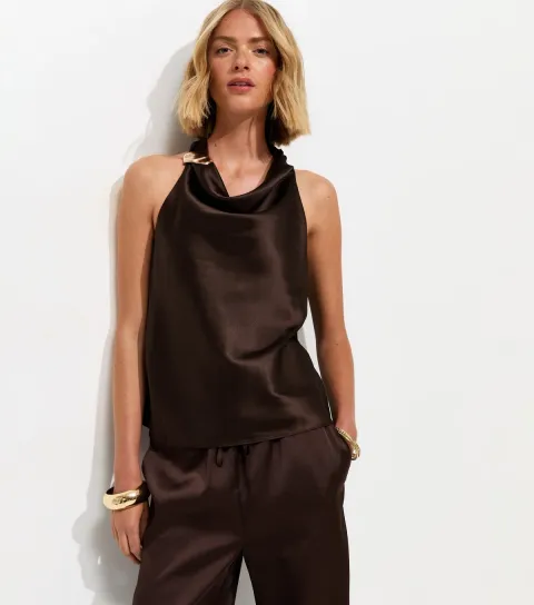 Women's Dark Brown Hardware Detail Satin Cowl Neck Top