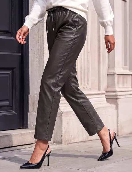 Roman Petite Leather Look Textured Drawstring Slim Fit Trousers Chocolate