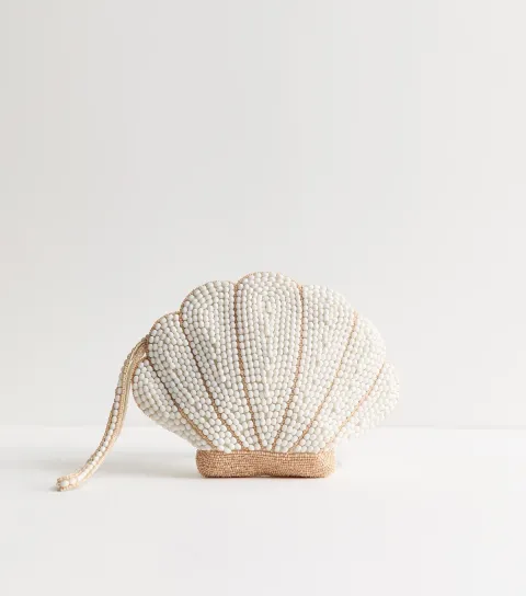 Cream Beaded Shell Pouch