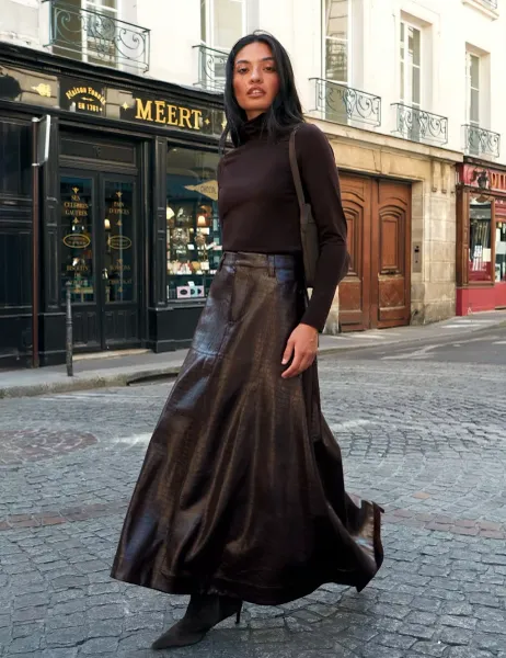 RO&ZO Leather Look Croc Midaxi Tiered Skirt Brown
