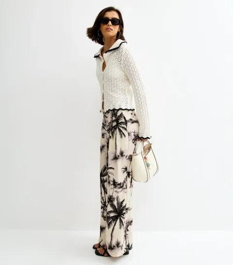 Women's White Wide Leg Printed Pleat Trousers