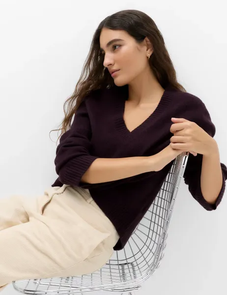 Marks & Spencer V-Neck Relaxed Jumper With Wool Dark Aubergine