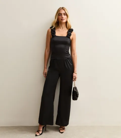 Women's Black Satin Ruched Strap Cami