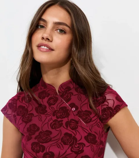 Women's Dark Burgundy Floral Flocked Double Keyhole Mini Dress