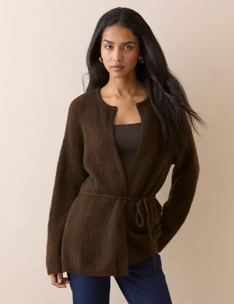 Nobody's Child Wool Blend Wrap Longline Cardigan Brown
