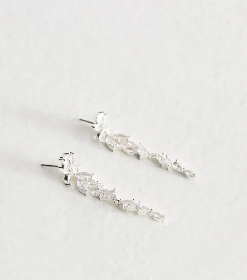Gold Tone Cubic Zirconia Leaf Tassel Drop Earrings