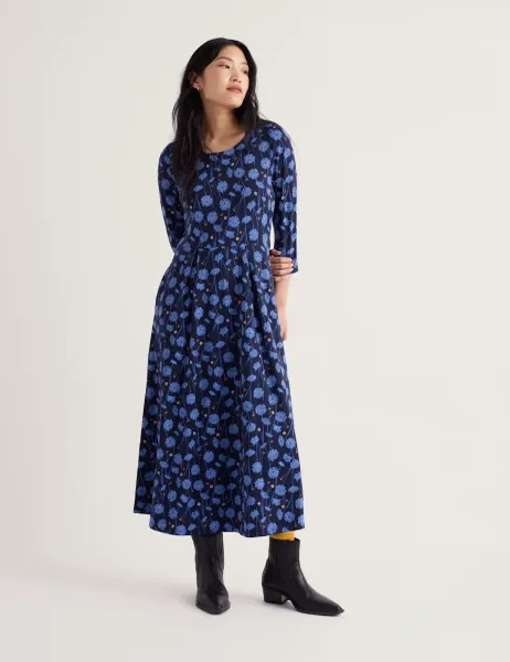 Seasalt Cornwall Cotton Rich Floral Midi Waisted Dress Navy Mix