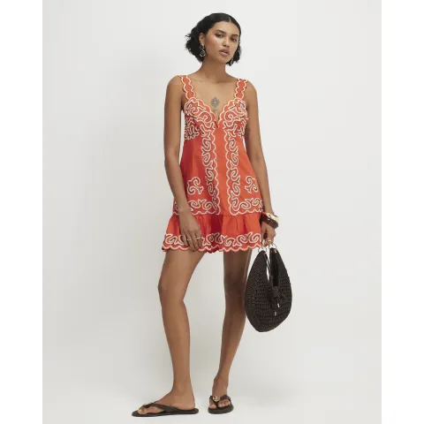 River Island Cotton Embroidered Beaded Mini Dress