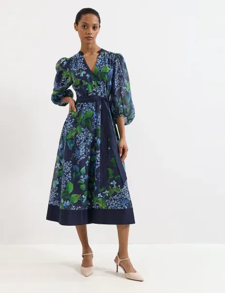 Phase Eight Floral V-Neck Belted Midi Skater Dress Navy Mix