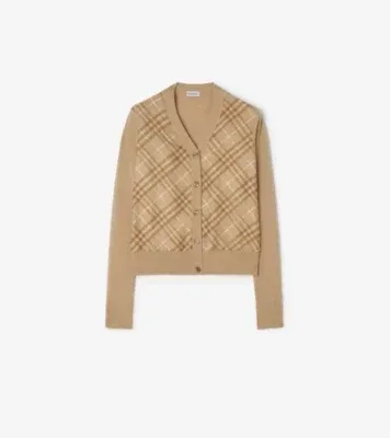 Check Panel Wool Silk Cardigan in Camel