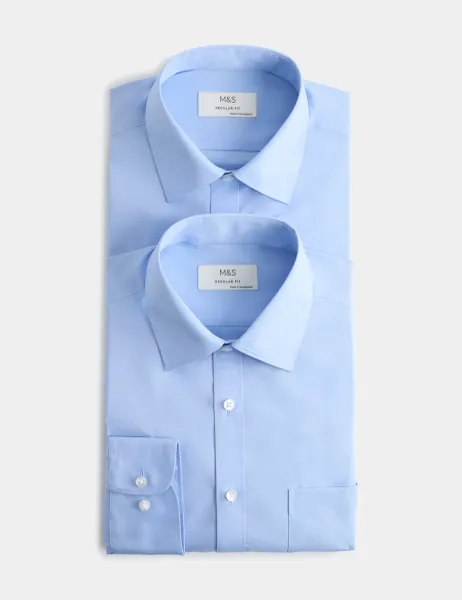 Marks & Spencer 2 Pack Regular Fit Easy Iron Cotton Blend Shirts Mid Blue