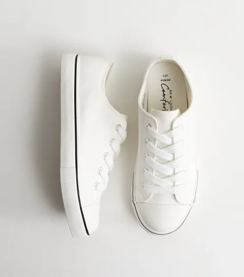 Women's Wide Fit White Canvas Lace Up Trainers Vegan