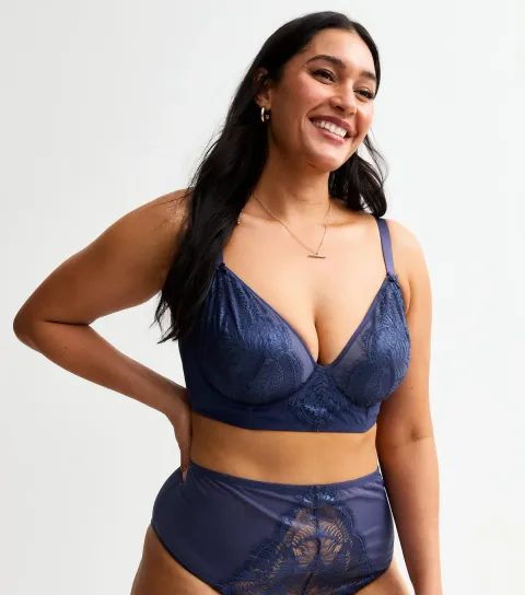 Women's Plus Size Navy Foiled Lace Non Padded Bra Curves