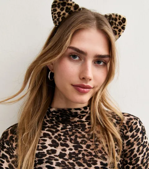 New Look Brown Faux Fur Leopard Cat Ears Headband
