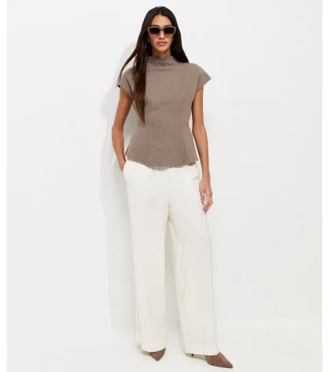 New Look Women's Dark Mink Cotton Rich Soft Touch High Neck Peplum Top