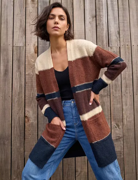 Roman Colour Block Longline Cardigan Brown Mix