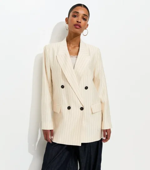 Women's White Pinstripe Double Breasted Blazer