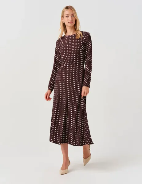 Ghost Polka Dot Round Neck Midi Waisted Dress Brown Mix