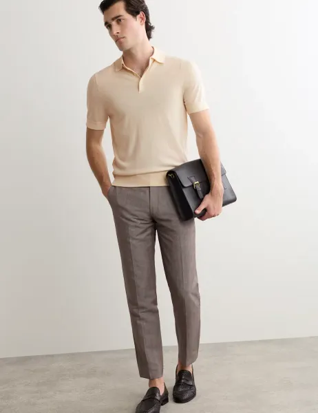 Jaeger Merino Wool with Silk Knitted Polo Shirt Ecru