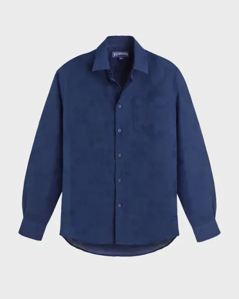 Vilebrequin Men Linen And Cotton Shirt Jacquard Turtle Monogram