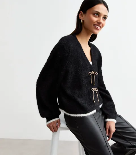 Women's Black Diamantè Bow Detail Fluffy Cardigan