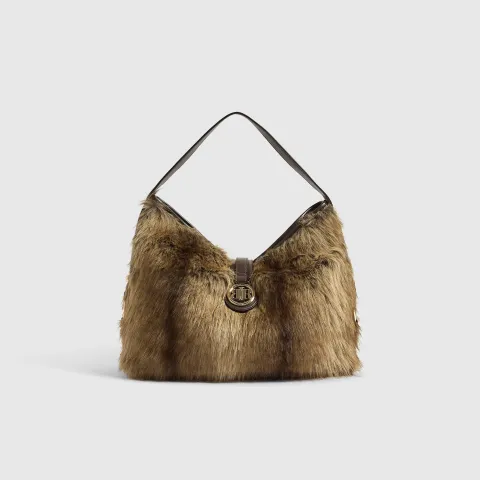 River Island Faux Fur Flap Buckle Corner Slouch Bag