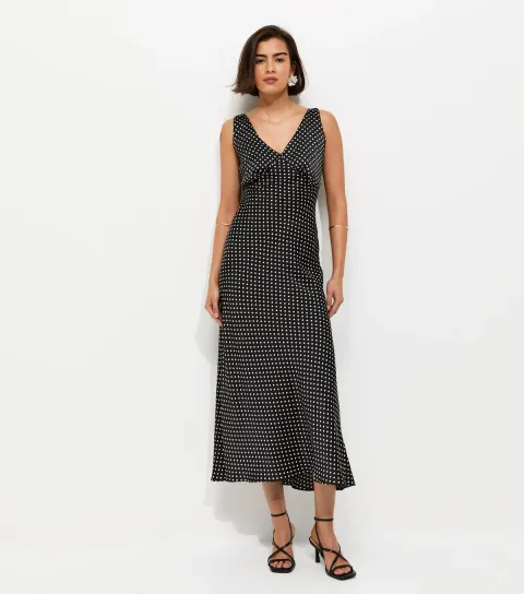 Women's Black Spot Print Satin V-Neck Midi Dress