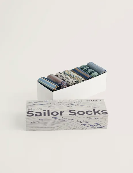 Seasalt Cornwall 7 Pack Striped & Fish Socks Gift Box Blue Mix