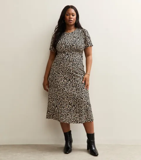 New Look Women's Plus Size Brown Animal Print Short Sleeve Midi Dress Curves