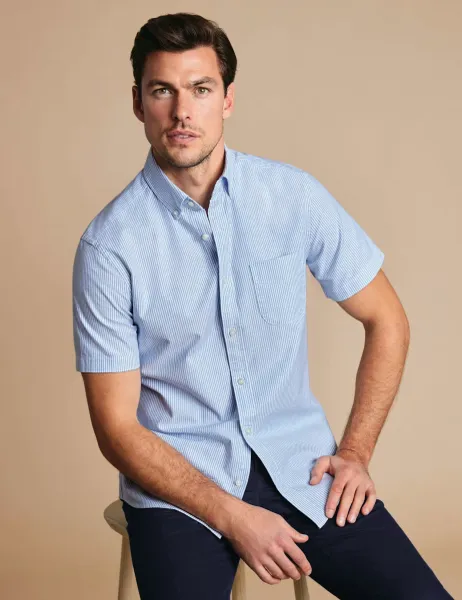 Charles Tyrwhitt Short Sleeve Button Down Oxford Shirt Blue Mix