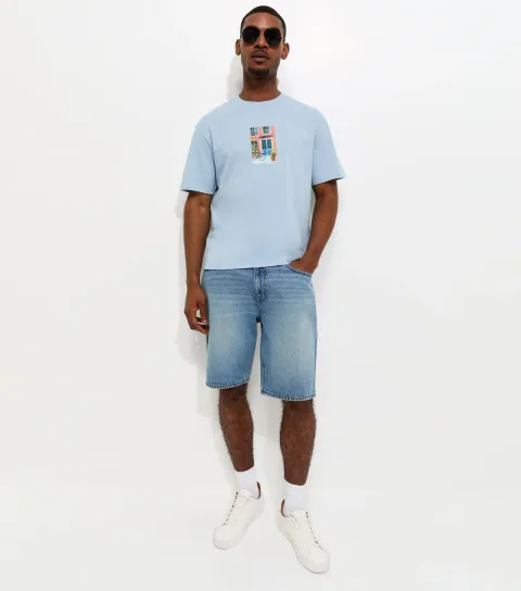Men's Light Blue House Print Relaxed Fit T-Shirt